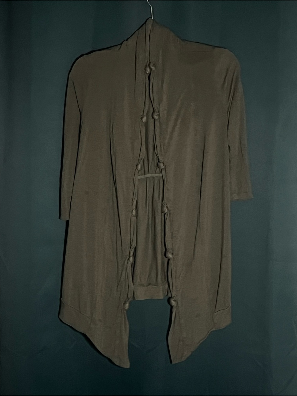 Three Dots Olive Open-Front Knot-Trim Draped Jacket